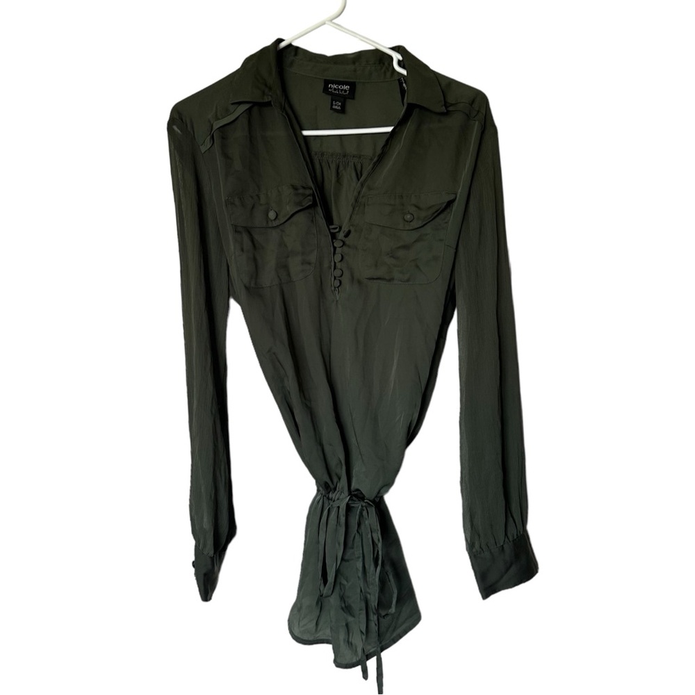 Nicole by Nicole Miller Green Silky Collared Drawstring Tunic Size Small